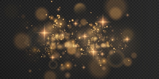 Gold sparkling dust with gold sparkling stars on a transparent background