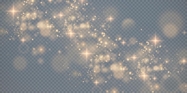 Gold sparkling dust with gold sparkling stars on a transparent background