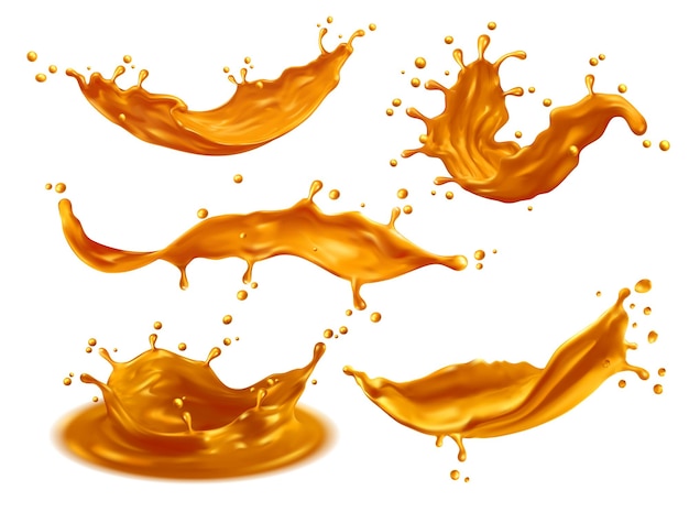 Vector gold splash wave crown and flow spill of golden liquid with drops splatter realistic vector sweet caramel syrup or golden oil splashing in long flow toffee pour or candy sauce spill with droplets