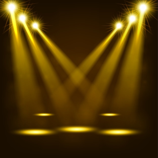 Vector gold spotlights shining in dark place background