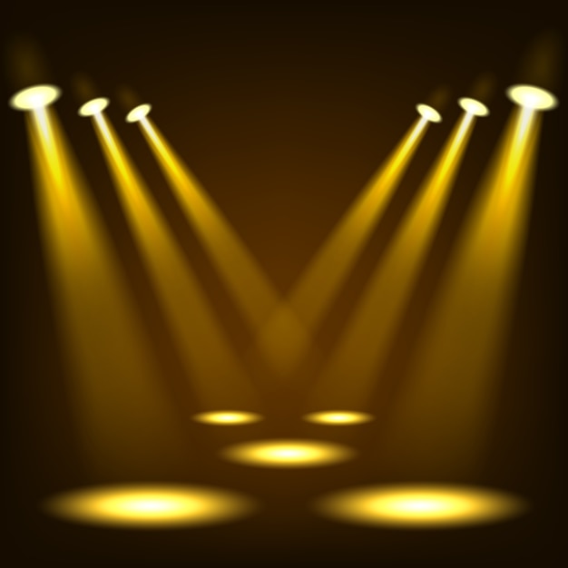 Vector gold spotlights shining in dark place background