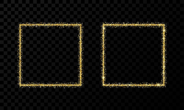 Золотая квадратная рамка Две современные блестящие рамки со световыми эффектами изолированы на темном прозрачном фоне Векторная иллюстрация