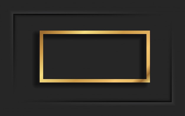 Vector gold square vintage frame with shadow on black background. golden luxury rectangular border - realistic illustration