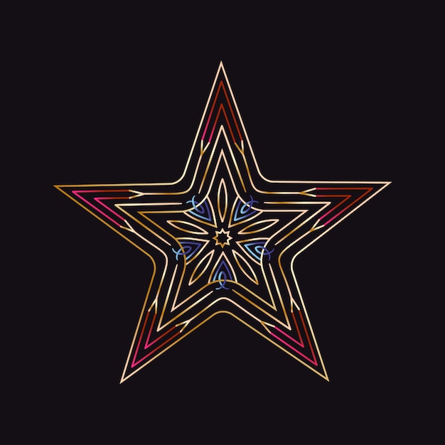 Золотая звезда с красными и синими линиями Новогоднее украшение на темном фоне