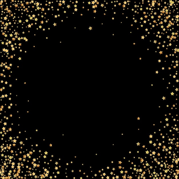 Gold stars luxury sparkling confetti. Scattered small gold particles on black background. Artistic festive overlay template. Divine  illustration.