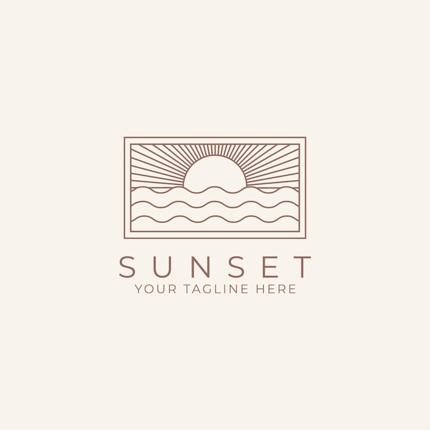 Gold sunset sunrise with sea beach sea water logo vector icon in linear trendy line vector logo