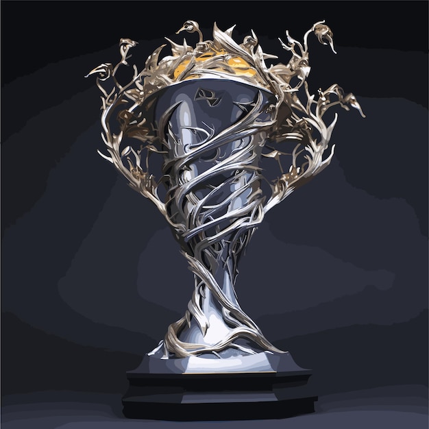 Una coppa trofeo d'oro con filigrana decorativa o illustrazione vettoriale di sfondo blu del gioco con volute