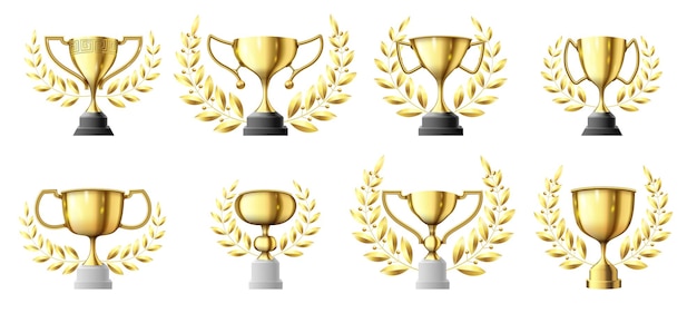 Gold trophy cups. Golden winners trophy with laurel wreath, champion cup realistic illustration set.