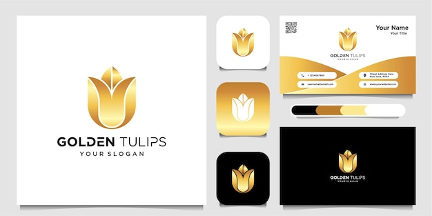 金のチューリップのシンプルなロゴと名刺プレミアムベクトル