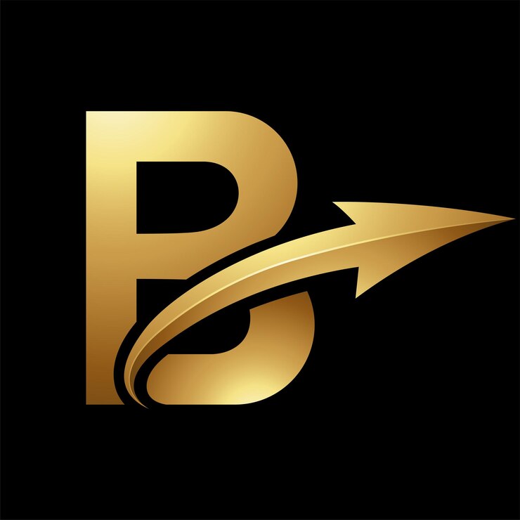 वेक्टर gold uppercase letter b icon with a glossy arrow on a black background