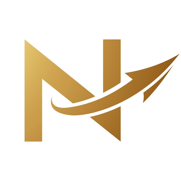 Gold Uppercase Letter N Icon with an Arrow on a White Background