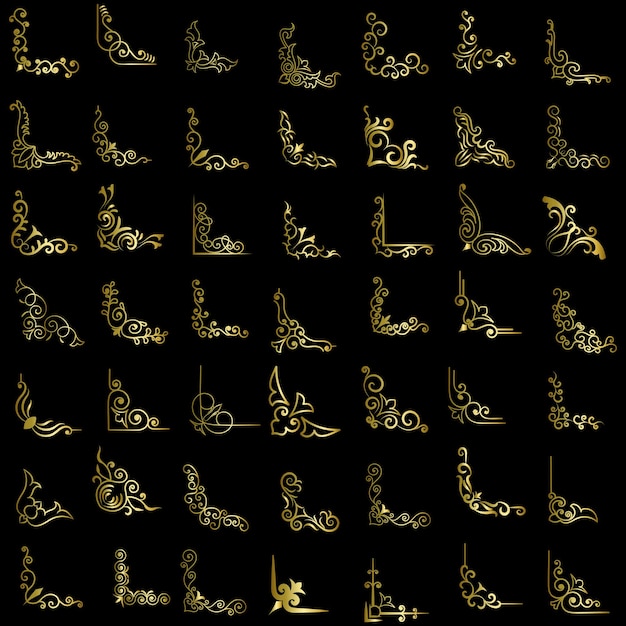 Вектор Золотая векторная иллюстрация декоративного углового каркаса ручная рисунка углов различные формы золото