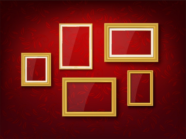 Vector gold vintage picture frame group on red wall