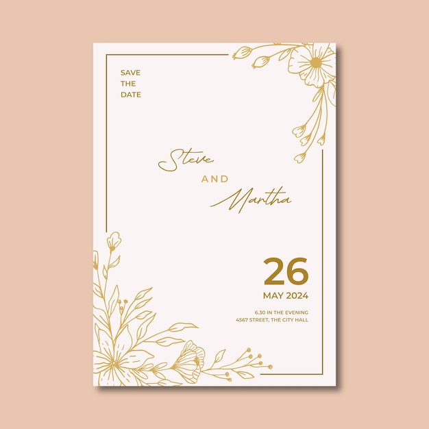 Gold wedding invitation card hand drawn leaf floral ornament