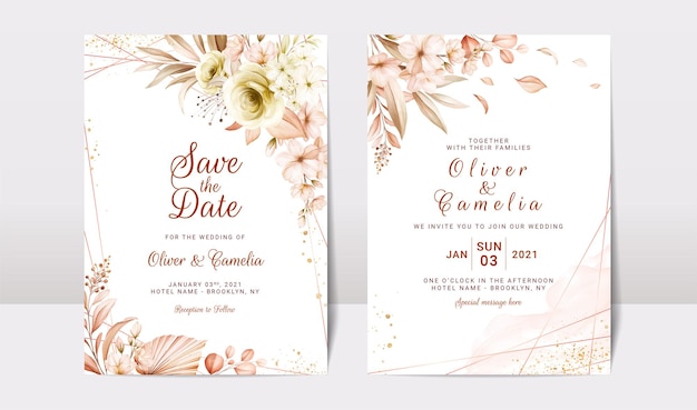 Gold wedding invitation card template set with floral and watercolor background