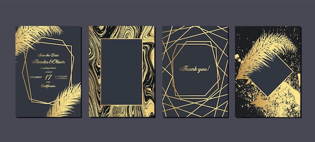 Gold wedding invitation Luxury wedding invitation cards with gold marble texture and geometric pattern vector design template