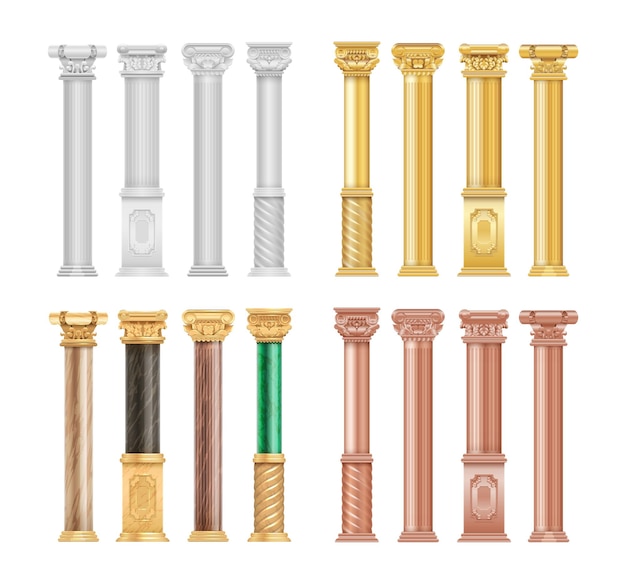 Gold white bronze columns Realistic malachite stone and golden antique roman column Isolated architecture vector elements