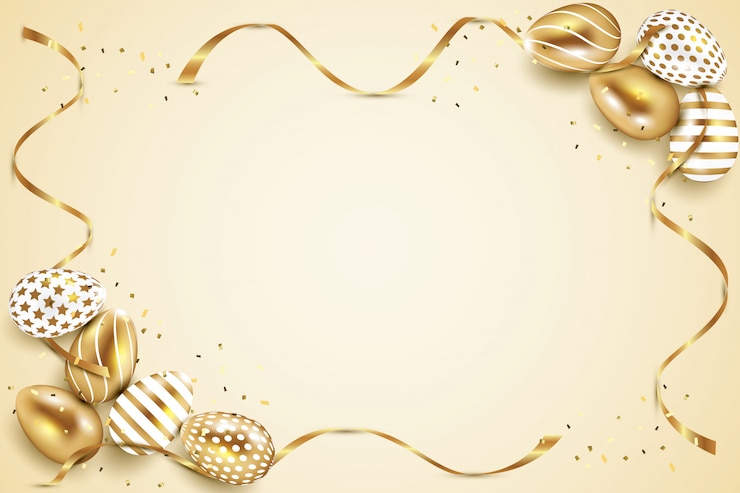 Gold and white Easter eggs frame with gold ribbin and confetti background