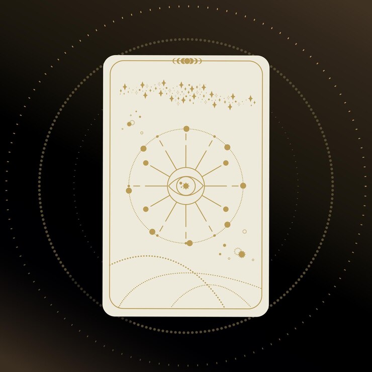 Vector gold and white tarot card with a magical eye on a black background with stars