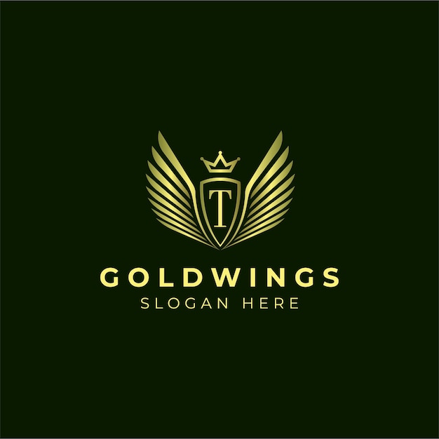 Золотые крылья с логотипом эмблемы буквы T