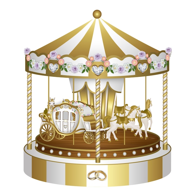 Gold and withe carousel with flowers and rings for wedding