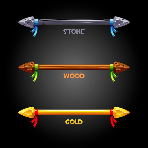 Gold, wooden, stone spears with a ribbon for the flag. vector set of icons of old weapons for the game.