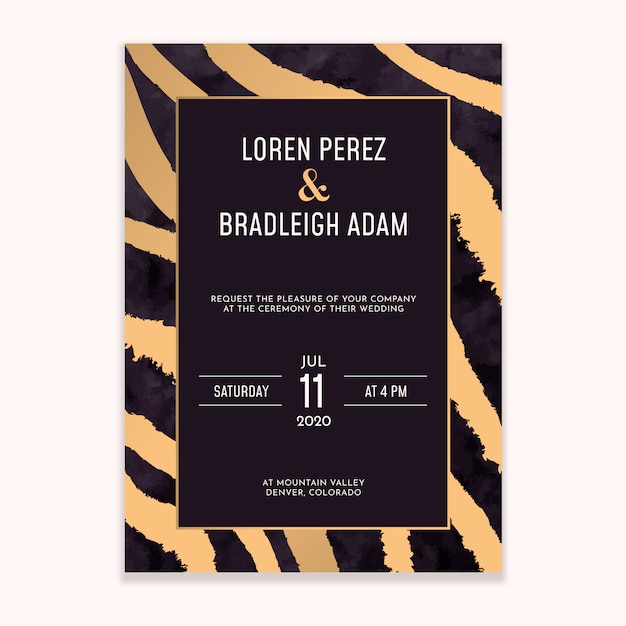 Gold zebra pattern wedding invitation