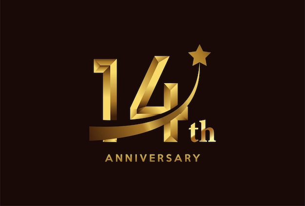 Vector golden 14 year anniversary celebration logo design with star symbol