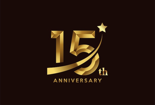 Vector golden 15 year anniversary celebration logo design with star symbol