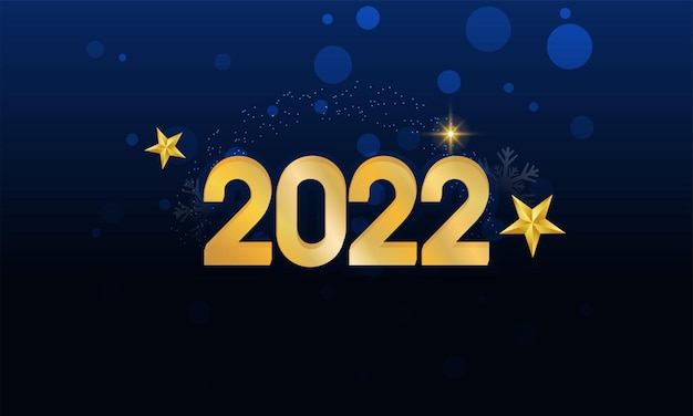 행복 한 새 해 개념에 대 한 파란색과 검은 색 Bokeh 배경에 별이 있는 황금 2022 번호.