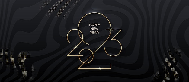 Golden 2023 New Year logo on black striped background with glitter gold