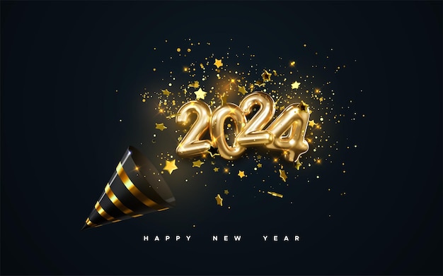 Золотые цифры 2024 праздничный поппер-конус и блестящие конфеты изолированы на черном фоне векторная праздничная иллюстрация праздничное украшение сверкающих частиц сюрприза счастливого нового года