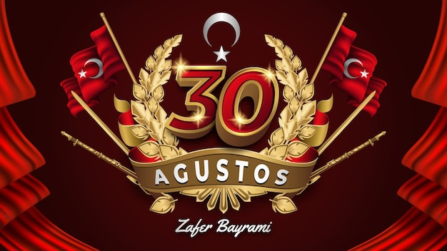 붉은 깃발 배경이 있는 황금 30 Agustos Zafer Bayrami 배지