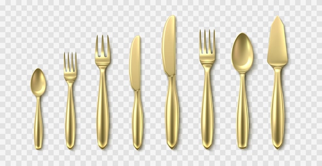 Golden 3d cutlery Realistic spoons forks and knives luxury cutlery yellow metal top view tableware serving table dining utensils restaurant and cafe serving elements vector isolated set