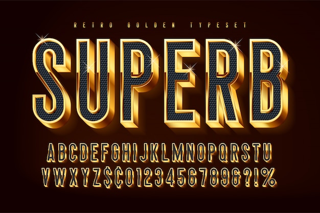 Golden 3d shining font, gold letters and numbers