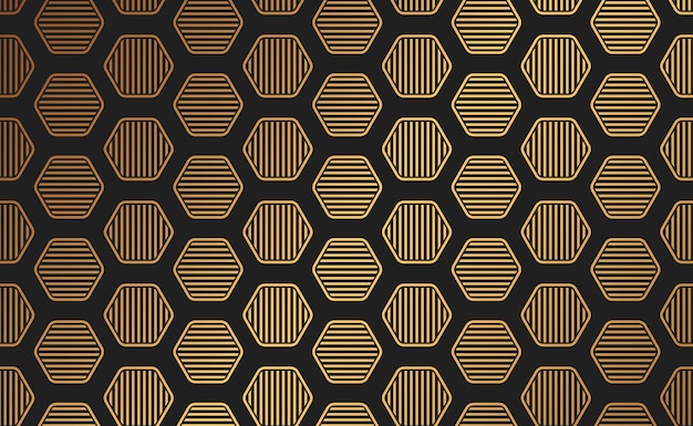 Golden abstract hexagonal seamless pattern on black background