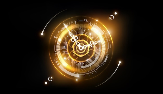 시계 개념과 타임 머신이 있는 황금 추상 기술 배경은 시계 바늘을 회전할 수 있습니다.