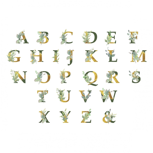 Vector golden alphabet collection with floral ornaments