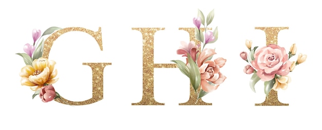 Vector golden alphabet set of g, h, i, with flowers and leaves watercolor