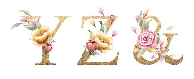 벡터 꽃과 잎이 수채색된 y, z의 골든 알파벳 세트