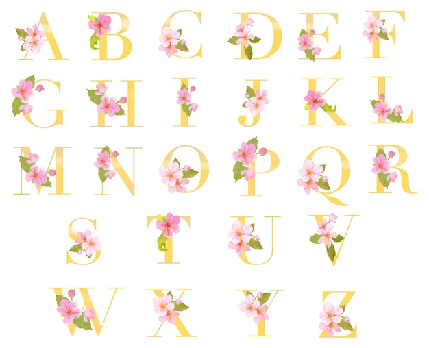 Вектор Золотой алфавит с цветочной акварелью сакуры для свадебной открытки