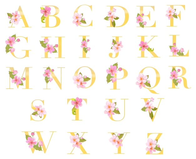 Vector golden alphabet with cherry blossom flower watercolor for wedding card