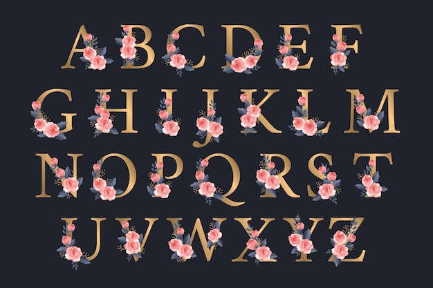 golden alphabet with elegant flowers