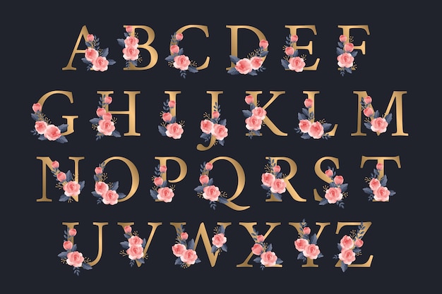 Vector golden alphabet with elegant flowers