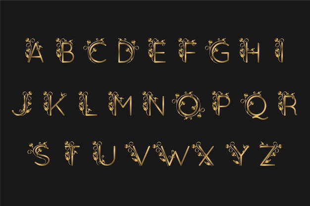 Vector golden alphabet with elegant flowers