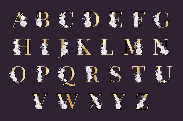 Golden alphabet with elegant flowers