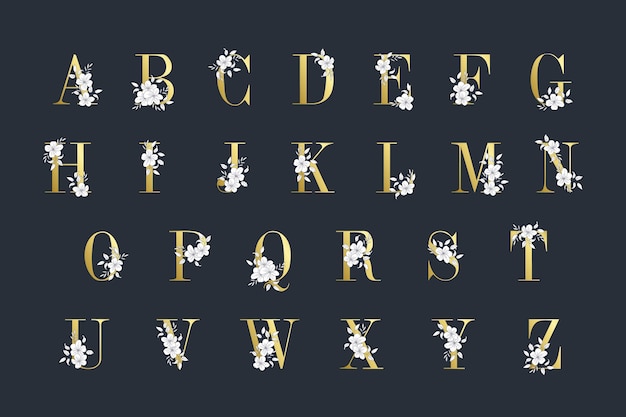 Golden alphabet with elegant flowers