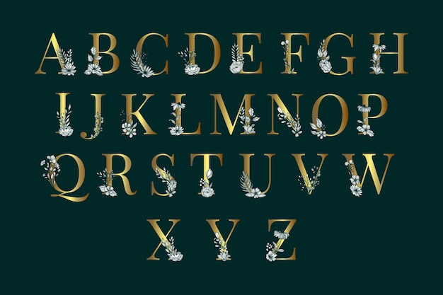 Golden alphabet with elegant flowers