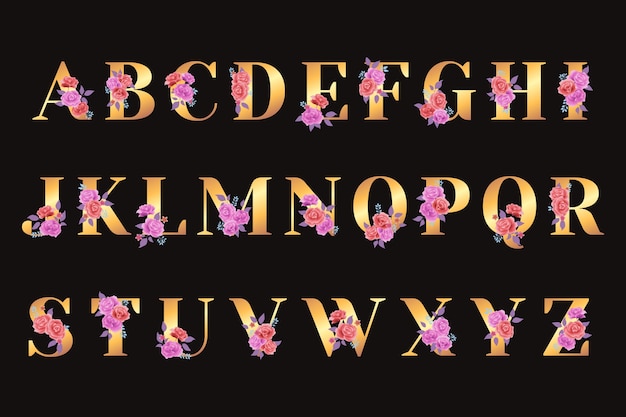 Vector golden alphabet with golden flowers concept