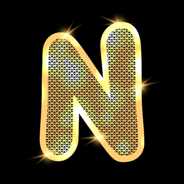 Vector golden alphabet with highlights on a dark background. letter n.